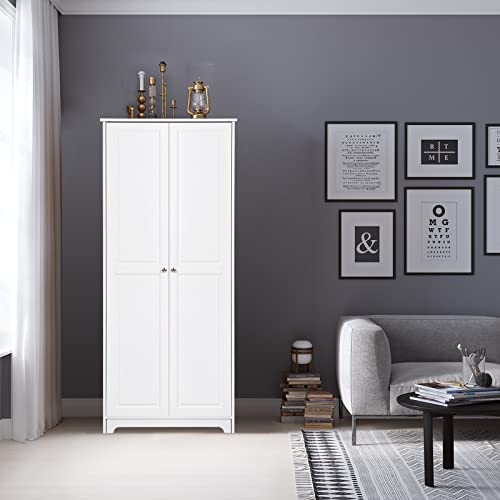 VINGLI White Pantry Cabinet, Tall Kitchen Pantry Storage Cabinet, Freestanding Pantry Cupboard, 2 Door Pantry for Laundry Room, Kitchen, Apartment