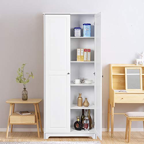 VINGLI White Pantry Cabinet, Tall Kitchen Pantry Storage Cabinet, Freestanding Pantry Cupboard, 2 Door Pantry for Laundry Room, Kitchen, Apartment