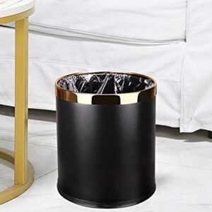 10Liter/2.64 Gallon Metal Trash Can with Faux Leather,Double-Layer Dustbin Without Cover Garbage Bin for for Bathroom Office Bedroom Living Room Kitchen (Gold Circle, Black)