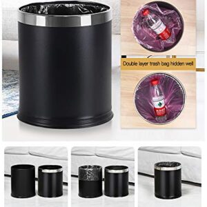 10Liter/2.64 Gallon Metal Trash Can with Faux Leather,Double-Layer Dustbin Without Cover Garbage Bin for for Bathroom Office Bedroom Living Room Kitchen (Gold Circle, Black)