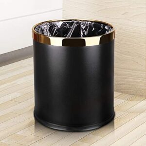 10Liter/2.64 Gallon Metal Trash Can with Faux Leather,Double-Layer Dustbin Without Cover Garbage Bin for for Bathroom Office Bedroom Living Room Kitchen (Gold Circle, Black)