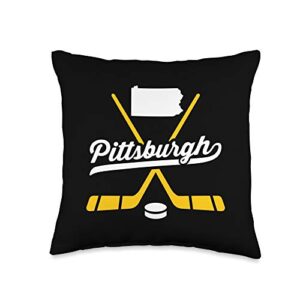retro athletic hockey lover vintage pittsburgh ice hockey sticks sports team fan gift throw pillow, 16x16, multicolor