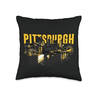 pollia design pittsburgh downtown skyline in black and yellow throw pillow, 16x16, multicolor