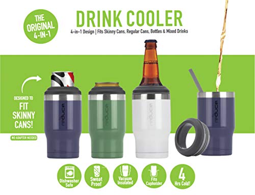 Reduce Can Cooler - 4-in-1 Stainless Steel Can Holder and Beer Bottle Holder, 4 Hours Cold - The Drink Cooler For 12 oz Slim Cans, Regular Cans, Bottles and Mixed Drinks - Glacier, Opaque Gloss