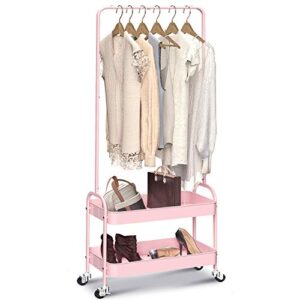 kingrack 2-in 1 garment rack, clothing rack with 2 tier metal basket, rolling storage cart clothes organizer coat rack storage stand on wheels, for home bedroom laundry small place entryway, pink