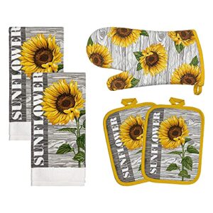 franco kitchen designers soft and absorbent cotton towels with pot holders and oven mitt linen set, 5 piece, sunflower country