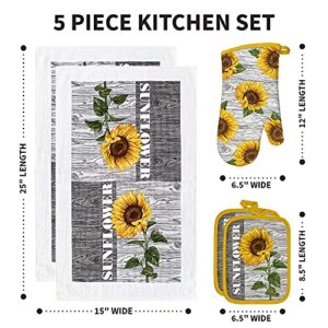 Franco Kitchen Designers Soft and Absorbent Cotton Towels with Pot Holders and Oven Mitt Linen Set, 5 Piece, Sunflower Country