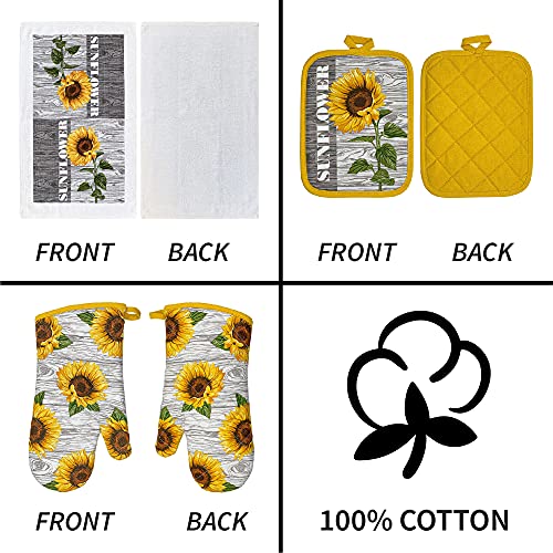 Franco Kitchen Designers Soft and Absorbent Cotton Towels with Pot Holders and Oven Mitt Linen Set, 5 Piece, Sunflower Country