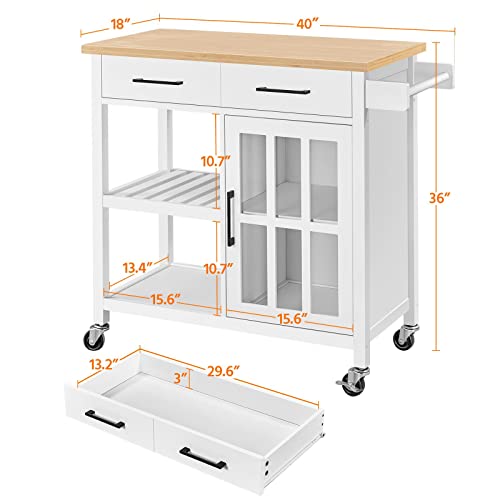 Yaheetech Kitchen Island on Wheels with Drawers, Rolling Kitchen Cart with Tempered Glass Storage Cabinet Door, Bamboo Top, 2 Tiers Shelves, and Towel Rack, 40x18x36 Inches, White