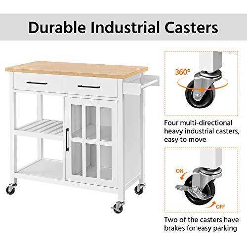 Yaheetech Kitchen Island on Wheels with Drawers, Rolling Kitchen Cart with Tempered Glass Storage Cabinet Door, Bamboo Top, 2 Tiers Shelves, and Towel Rack, 40x18x36 Inches, White