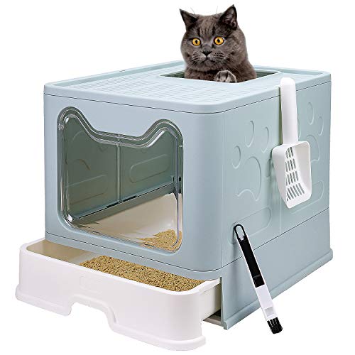 Foldable Cat Litter Box with Lid, Enclosed Cat Potty, Top Entry Anti-Splashing Cat Toilet, Easy to Clean Including Cat Litter Scoop and 2-1 Cleaning Brush (Blue), Large