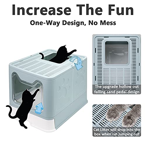 Foldable Cat Litter Box with Lid, Enclosed Cat Potty, Top Entry Anti-Splashing Cat Toilet, Easy to Clean Including Cat Litter Scoop and 2-1 Cleaning Brush (Blue), Large