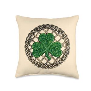 atteestude green shamrock, celtic knots with beige background throw pillow, 16x16, multicolor