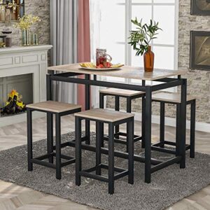 rockjame dining table set, upgrade version 5 piece counter height pub table set with 4 chairs for the bar, breakfast nook, kitchen room, dining room and living room (oak)