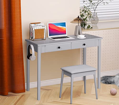 HFG 39 inch Home Writing Desk Dressing Table Vanity Table with 2 Drawers Laptop Workstation Executive Desk Easy to Install Gray