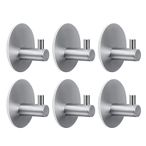 HouseAid Self Adhesive Circle Towel Hooks, No Drilling Stainless Steel Robe Hook Holder, Brushed Nickel (6 Pack)