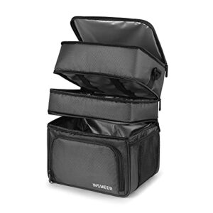 INSMEER 3 Compartments Lunch Box, 20L Large Lunch Box for men Insulated Lunch Bag with Sturdy Bottom/Shoulder Strap/Waterproof Zipper, Lunch box For Work/Office/Driver/Beach/Picnic (Black)