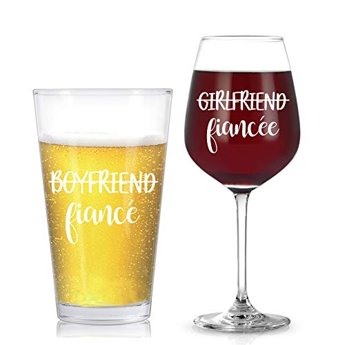 Boyfriend and Girlfriend Beer and Wine Glasses Set of 2 15Oz, Unique Fiance and Fiancee Gift Set - Perfect Engagement Gifts for Couples Fiance Fiancee Him Her Bride Groom Mr Mrs Him Hers