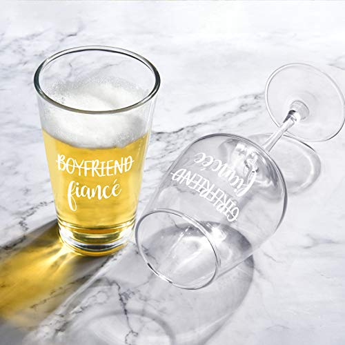 Boyfriend and Girlfriend Beer and Wine Glasses Set of 2 15Oz, Unique Fiance and Fiancee Gift Set - Perfect Engagement Gifts for Couples Fiance Fiancee Him Her Bride Groom Mr Mrs Him Hers