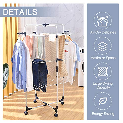 TOOLF Clothes Drying Rack, 3-Tier Collapsible Laundry Rack Stand Garment Drying Station with Wheels and 4 Hooks, Indoor-Outdoor Use, for for Bed Linen, Clothing, Socks, Scarves