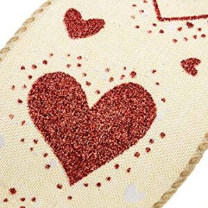 ATRBB Red Glitter Hearts Wired Edge Burlap Ribbon,The Valentine's Day Ribbon for Gift Wrapping and Decorative Bow,10 Yards by 2.5 Inches