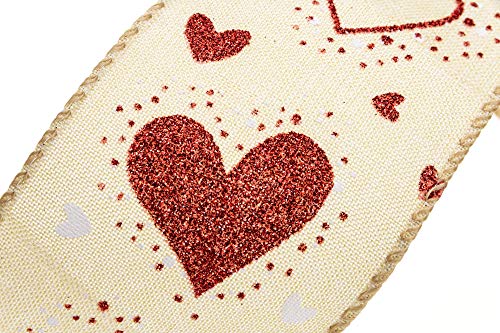 ATRBB Red Glitter Hearts Wired Edge Burlap Ribbon,The Valentine's Day Ribbon for Gift Wrapping and Decorative Bow,10 Yards by 2.5 Inches