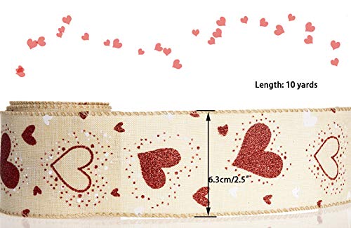 ATRBB Red Glitter Hearts Wired Edge Burlap Ribbon,The Valentine's Day Ribbon for Gift Wrapping and Decorative Bow,10 Yards by 2.5 Inches