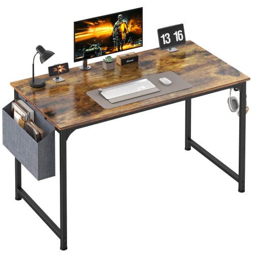 Mr IRONSTONE Computer Desk 47" Home Office Writing Desk, Modern Simple Study Table, Laptop Table with Storage Bag, Cup Holder and Headphone Hook (Rustic Brown)