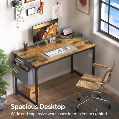 Mr IRONSTONE Computer Desk 47" Home Office Writing Desk, Modern Simple Study Table, Laptop Table with Storage Bag, Cup Holder and Headphone Hook (Rustic Brown)