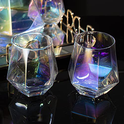 Diamond Iridescent Glass Diamond Decanter and Glasses Set, The Wine Savant Rainbow Iridescent Comes With A Diamond Decanter 4 Whiskey/Wine Diamond Glasses, 1 Tray and a Perfect Box