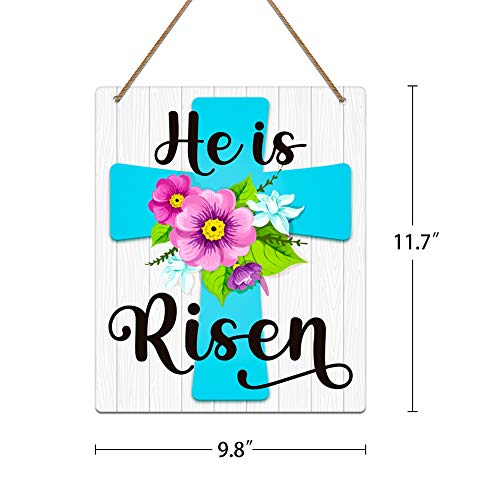 Hohomark He is Risen Door Sign,Easter Cross Religious Decorations Easter Door Hanging Sign for Wall Door Home Spring Decor 11.7x9.8x0.2inch Multicolor