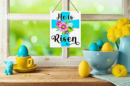 Hohomark He is Risen Door Sign,Easter Cross Religious Decorations Easter Door Hanging Sign for Wall Door Home Spring Decor 11.7x9.8x0.2inch Multicolor