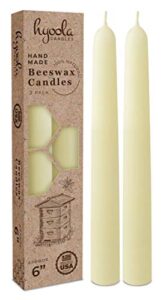 hyoola 6" beeswax taper candles - 6 hour burn time - white beeswax candles - 2 pack