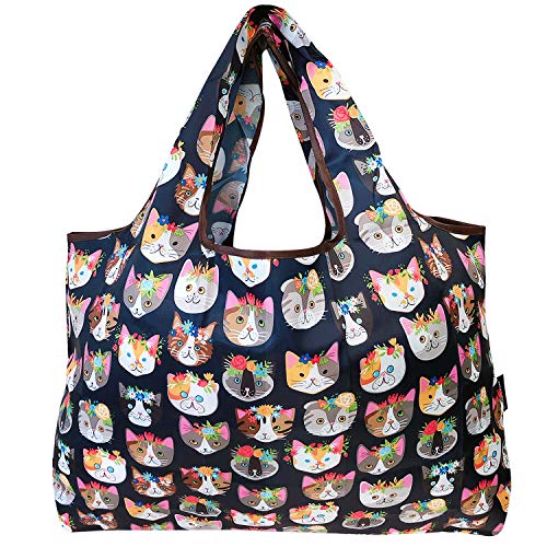 Bowbear Foldable Nylon Reusable Shopping Grocery Bag (Set of 3), Silly Cats & Floral Cats