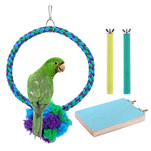 Filhome 4 pcs Bird Parrot Perch Stand Platform, Parrot Rope Swing, Bird Nail File Perch Cage Accessories for Parakeets Cockatiels Conures Love Birds