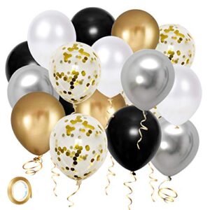 black gold silver party balloons, 50pcs 12 inch metallic thicker latex confetti balloons with ribbon for wedding birthday baby shower decorations (blackgoldsilver50pcs)