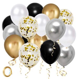 Black Gold Silver party Balloons, 50pcs 12 Inch Metallic Thicker Latex Confetti Balloons with Ribbon for Wedding Birthday Baby Shower Decorations (BlackGoldSilver50pcs)