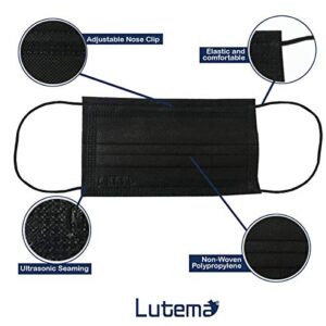 Lutema ASTM Level 3 Disposable 4-Ply Face Mask - Made in USA - Certified by Eurofins and Nelson Labs | 4 Layer Masks with Filtration Efficiency >=98% - Jet Black (50 PCS)