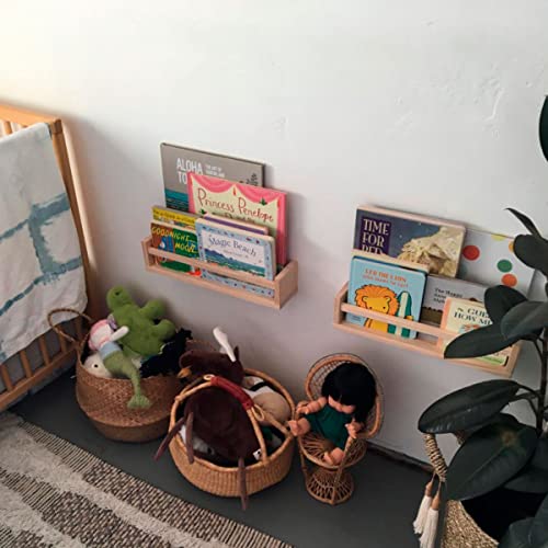 CRAZYMOTO 4 Pack Kids Bookshelf Naturel Wood Floating Nursery Bookshelf Wall Shelves, Baby Kid's Nursery Room Decor,Bathroom, Kitchen Spice Rack, or Book Shelf Organizer Cosmetic Storage