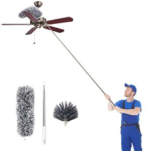 uwilowe microfiber duster with extension pole 30 to 100"(stainless steel), ceiling fan duster with 2 replacement cleaning heads, extendable long dusters for cleaning furniture, vents, car