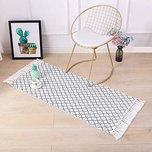 Moroccan Hand Woven Bathroom Rug, Fringe Rug for Bedroom, Cotton Woven Boho Tassel Throw Rug,Tribal Decorative Throw Rugs Carpet for Laundry Hallway Kitchen Sink,Exquisite Geometric(2'x4.3', Black)