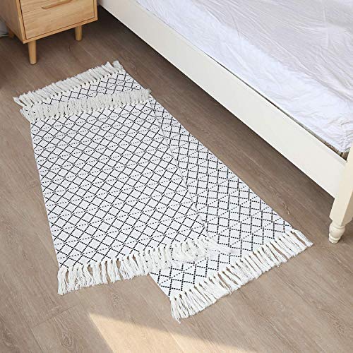 Moroccan Hand Woven Bathroom Rug, Fringe Rug for Bedroom, Cotton Woven Boho Tassel Throw Rug,Tribal Decorative Throw Rugs Carpet for Laundry Hallway Kitchen Sink,Exquisite Geometric(2'x4.3', Black)