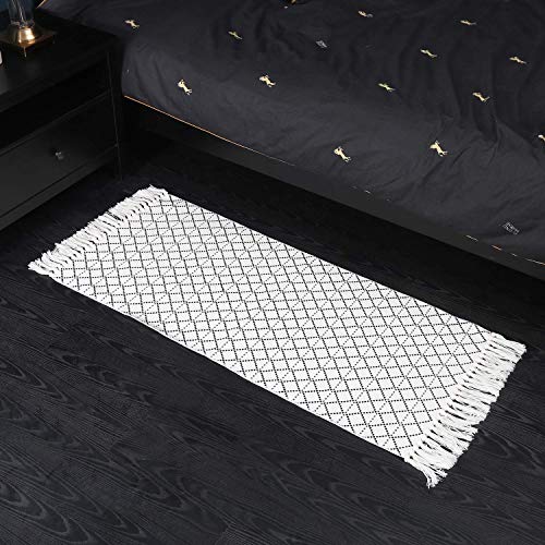 Moroccan Hand Woven Bathroom Rug, Fringe Rug for Bedroom, Cotton Woven Boho Tassel Throw Rug,Tribal Decorative Throw Rugs Carpet for Laundry Hallway Kitchen Sink,Exquisite Geometric(2'x4.3', Black)