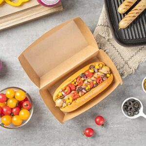 Bio Tek 6.7 x 3.5 x 3.5 Inch Clamshell Food Containers, 100 Disposable Sandwich Containers - Hinged Lid, Tab-Lock Closure, Kraft Paper Hot Dog Containers, Recyclable, Greaseproof