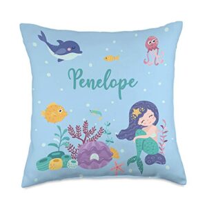 mermaid penelope name gifts penelope name gift girls mermaid bedroom decor throw pillow, 18x18, multicolor