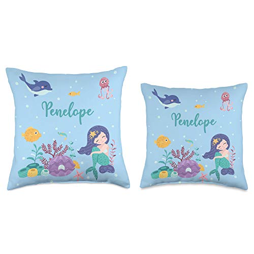 Mermaid Penelope Name Gifts Penelope Name Gift Girls Mermaid Bedroom Decor Throw Pillow, 18x18, Multicolor