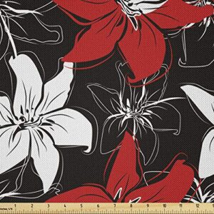 ambesonne red and black fabric by the yard, bedding plants flourishing garden pattern retro nature, decorative satin fabric for home textiles and crafts, 2 yards, black white vermilion