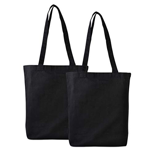 Canvas Tote Bags - 2 Pack Black Cotton Shopping Bags with Shoulder Length Handles, Small Reusable Natural Organic Muslin Fabric Cloth, Blanks For Sublimation, Stores, Business, Crafts, Gifts - 16x16x5