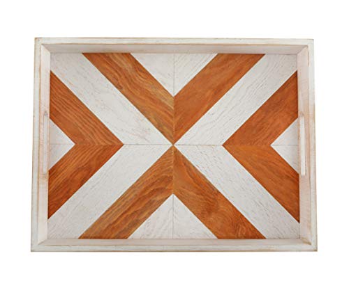 Large Wooden Serving Tray,White Serving Tray with Handles,Farmhouse Decorative Tray for Coffee Table,Multicolored Design Ottoman Tray for Living Room,Rustic Storage Tray for Ottoman, Kitchen, Bedroom