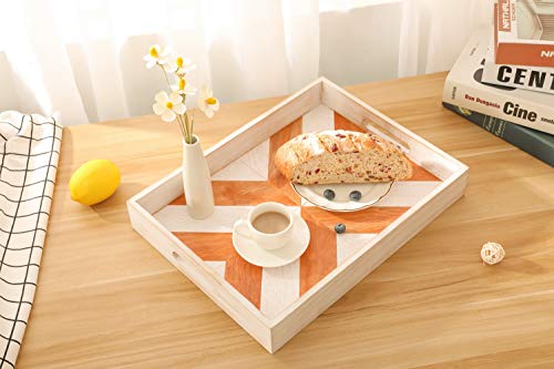 Large Wooden Serving Tray,White Serving Tray with Handles,Farmhouse Decorative Tray for Coffee Table,Multicolored Design Ottoman Tray for Living Room,Rustic Storage Tray for Ottoman, Kitchen, Bedroom